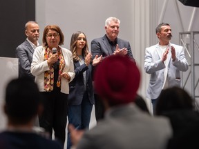 B.C. NDP candidate for Surrey-Panorama and former provincial cabinet minister Jinny Sims addresses supporters alongside other NDP candidates at the party's election night gathering in Surrey on Oct. 24, 2026.