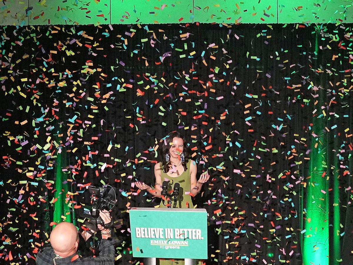 Emily Lowan, leader of the B.C. Green Party, wins her seat and makes her way into the room full of supporters for her election night party at Church & State Wines in Victoria.