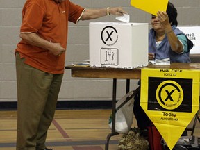 Retired Ford of Canada worker Luigi Barzotto, votes at King Edward School polling station on Chilver Road during the last eleciton in 2007. Election officer Vivian French watches Barzotto place his vote in the ballot box. The Windsor Star - Nick Brancaccio