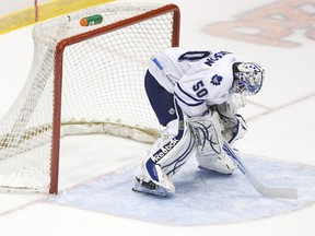 Maple Leafs goalie Jonas Gustavsson did not get offensive support in a 4-2 loss to the Flyers Monday. (Aaron Lynett/National Post)