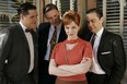 MAD MEN - From L - R: Rich Sommer as Harry Crane, Aaron Staton as Ken Cosgrove and Christina Hendricks as Joan Holloway