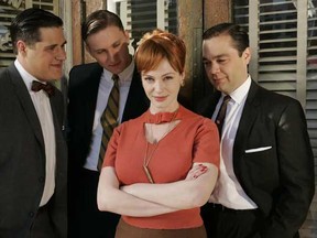 MAD MEN - From L - R: Rich Sommer as Harry Crane, Aaron Staton as Ken Cosgrove and Christina Hendricks as Joan Holloway