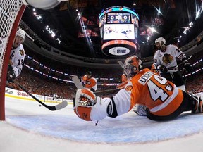Goalie Michael Leighton is seen in this file photo. (Photo by Bruce Bennett/Getty Images)