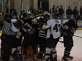 One of the many LaSalle Vipers and Chatham Maroons scrums during their Nov. 9 game at the Vollmer Centre. (Photo By: Joel Boyce)