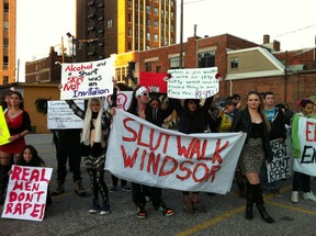 Demonstrators marching in SlutWalk Windsor conclude their march behind Phog Lounge at University Ave. and Pelissier St., Saturday, Nov. 5,  2011.  Demonstrators are protesting the excusing of rape due to appearance or dress.