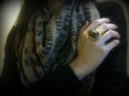 Leigh and Luca Affirmation scarf; Yves Saint Laurent Arty ring.