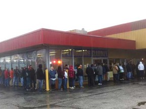 A line of bargain hunters is snaking around Leone's Music World this morning, waiting for the doors to open on a receivership sale of about $800,000 worth of music gear. (Photo By: Jason Kryk)