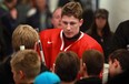 Hockey sensation Nathan MacKinnon is interviewed after a workout with the under-17 hockey Pacific team at the Vollmer Complex in LaSalle, Ontario on December 28, 2011. (Photo By: Dax Melmer)