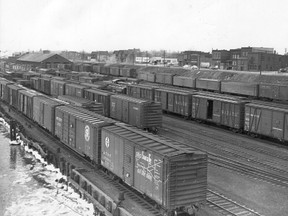 1949- An overall view of the freight yards at the C.N.R. depot showing Wabash traffic that was tied up because it could not be shipped to Detroit. (The Windsor Star-FILE) train