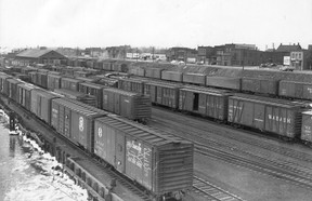 1949- An overall view of the freight yards at the C.N.R. depot showing Wabash traffic that was tied up because it could not be shipped to Detroit. (The Windsor Star-FILE) train