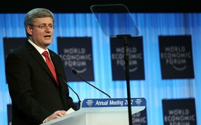 Stephen Harper, Prime Minister of Canada addresses, on January 26, 2012, participants at the World Economic Forum (WEF) in the congress centre of the Swiss resort of Davos. (AFP Photo/Vincenzo Pinto)