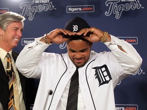 Prince Fielder is introduced as the new first baseman for Detroit Tigers at a media conference held at Comerica Park, Thursday January 26, 2012. Tigers' President, CEO and GM David Dombrowski, left, joind with Tigers and Red Wings owner Mike Illich and Tigers team manager Jim Leyland attended the event. (NICK BRANCACCIO/The Windsor Star)