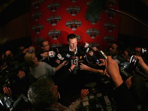 Leafs captain Dion Phaneuf speaks to the media during the NHL All-Star Draft in Ottawa.   (Bruce Bennett/Getty Images)