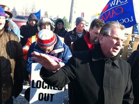 In this recent file photo, CAW president Ken Lewenza speaks at a rally for workers locked out of the Electro-Motive Diesel Inc. plant in London, Ont. Photographed Jan. 3, 2012.