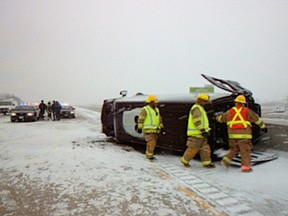 Highway 401 westbound lanes are down to one lane following a rollover accident just east of County Road 42 n