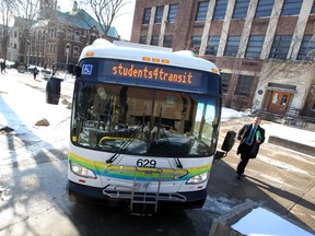 University of Windsor Students' Alliance will be conducting a student referendum during spring elections to vote on Universal bus passes to be included in students' tuition fees announced at a press conference outside Leddy Library Monday February 13, 2012.  In photo, a Transit Windsor bus leaves main campus following Monday's event.  (NICK BRANCACCIO/The Windsor Star)