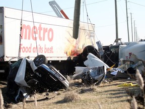 The scene of a fatal motor vehicle accident involving a tractor trailer and a pickup truck on county road 42 at Renaud Line in Lakeshore, Ontario on February 9, 2012. (DYLAN KRISTY/ The Windsor Star)