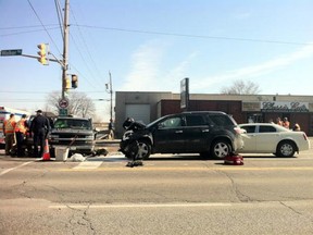 A mid-morning collision involving multiple vehicles snarled traffic on Walker Road and Calderwood Avenue in Windsor Monday. (Photo By: Dylan Kristy)