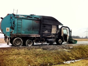 A garbage truck caught fire on Lakeshore Road 225 on Thursday, Feb. 2, 2012. (Photo By: Dylan Kristy)