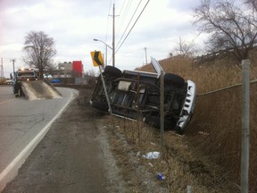 A driver was shaken up but otherwise uninjured following a late afternoon rollover on E.C. Row's North Service Road near Jefferson Boulevard in Windsor Monday. (Jason Kryk/The Windsor Star)