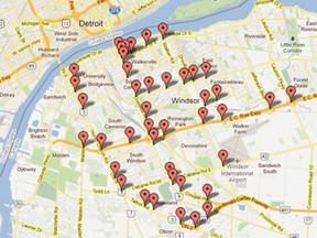 A screen grab of a Google map featuring City of Windsor traffic cameras.