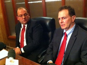 Lawyer Jim Cooke and former city auditor Todd Langlois at a press conference in Windsor on Friday, Feb. 3, 2012.
