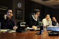 MP Brian Masse, city councillor Al Maghnieh, Gary Grosse and LaSalle Mayor Ken Antaya (left to right) take part in a telephone town hall meeting focusing on the Windsor hum at city hall in Windsor on Thursday, February 23, 2012. (TYLER BROWNBRIDGE / The Windsor Star)