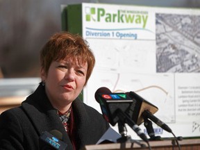 MPP Teresa Piruzza speaks to the media about the opening of Diversion 1 at the intersection of Lambton Road and Fazio Drive, February 17, 2012.  The road will be opened Tuesday, Feb. 21 and runs from Lampton Road to Bethlehem Avenue, parallel to Highway #3. (DAX MELMER/The Windsor Star)