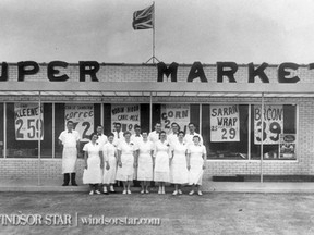 The price in the windows and the Union Jack flying overhead identify this as an early picture of Sadler's Highway market with its staff in front. Taken about 1959. (The windsor Star-FILE) HISTORIC USED ONLINE