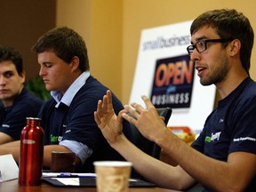 Summer business participants Richard Warden, left, Chris Heikkia and Tom Malone, right, during an early morning mentoring session for summer business operators held at Small Business Centre, Monday July 25, 2011. (NICK BRANCACCIO/The Windsor Star)