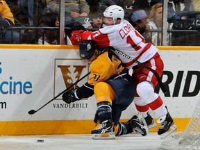 Danny Cleary #11 of the Detroit Red Wings skates against Colin Wilson #33 of the Nashville Predators at the Bridgestone Arena on December 26, 2011 in Nashville, Tennessee. (Photo by Frederick Breedon/Getty Images)