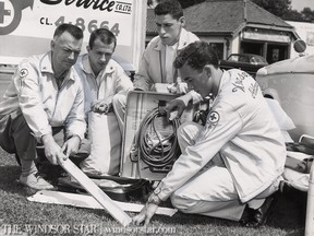Windsor,ONT. July 26/1958- Despite the Provincial Government's refusal to licence ambulance attendants under supervised first aid course, both Windsor and A.B.C. Ambulance Companies have gone ahead on their own and trained their men. Left to right,Robert Ballantyne Tom Thomas Richard Ecksteen and Gregory Ballantyne go over the equipment. (The Windsor Star-FILE)