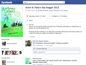 A screen grab of a Facebook page for a St. Patty's Day student blowout on Askin Blvd. The party has since been cancelled.