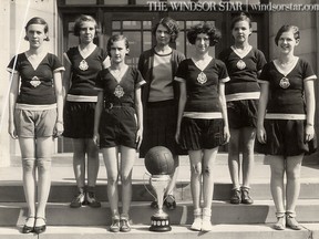 1932-Prince Edward Public School Girls Senior basketball team. Left to right, Alma Glover, Vera Charley, Stella Kroll, Miss Evelyn Mateer (Coach), Barbara Buchanan, Jennie Kawala and Helen Welsh. (The Windsor Star-FILE)