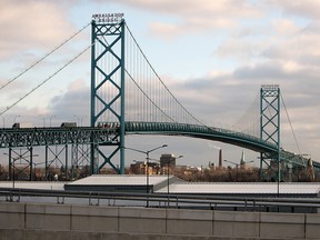 The Ambassador Bridge from its Detroit side. Photographed from its unfinished plaza development in January 2012.