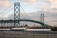 The Ambassador Bridge from its Detroit side. Photographed from its unfinished plaza development in January 2012.