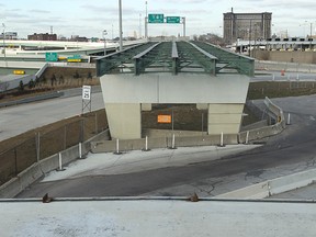 Some of the unfinished work on the Detroit plaza of the Ambassador Bridge is seen in this January 2012 file photo.