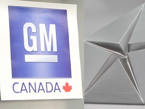 The logos of GM Canada and Chrysler Canada -- who both benefited from billion-dollar government bailouts in 2009.