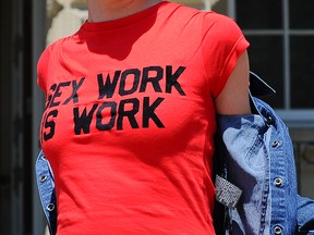 A protester representing sex trade workers is seen at the Ontario Court of Appeal in this June 2011 file photo.