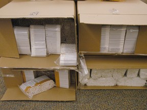 An image of 600 cartons worth of illegal cigarettes seized by RCMP in Windsor on March 7, 2012.
