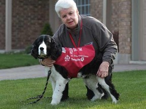 Gail Pirie of LaSalle, Ont.,, shown on Tuesday, April 3, 2012, and her English springer spaniel named Abby, are involved in the St. John Ambulance therapy dogs program. (JASON KRYK/The Windsor Star)