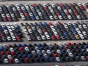 A fleet of F-150 trucks sit in a lot awaiting shipping in Detroit, Michigan in this November 2008 file photo. (Spencer Platt / Getty Images)
