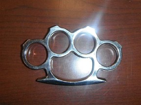 A set of brass knuckles that police seized from a man in downtown Windsor, Ont. in the early hours of Friday, April 20, 2012. (Image provided by Windsor police)