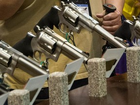 A display of revolvers at the NRA's annual meeting in St. Louis, Missouri over the weekend. (Karen Bleier / AFP / Getty Images)