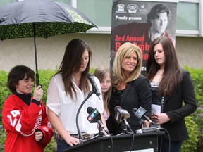 Members of Bob Probert's family speak at Hotel-Dieu Grace Hospital on April 3, 2012. From left: Son Jack, daughters Brogan and Declyn, wife Dani, and daughter Tierney. (Dan Janisse / The Windsor Star)