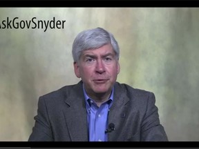Rick Snyder, Governor of the State of Michigan, is seen answering questions in a video segment he uploaded to YouTube.