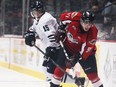 Brady Vail (R) of the Windsor Spitfires battles a Plymouth Whaler player for the puck in this September 2011 file photo. (Dax Melmer / The Windsor Star)