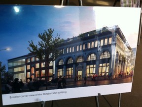 A display shows an artist's rendering of the University of Windsor's future renovation of the historic Windsor Star building in the city's downtown core. Photographed on April 18, 2012. (Nick Brancaccio / The Windsor Star)