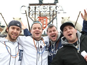 DETROIT, MI.: APRIL 8 , 2011 -- From left, Andrew McKeen, twin brothers Aaron and Brandon, 23, Spencer Bogucki, attend the opening day game between the Detroit Tigers and the Kansas CIty Royals at Comerica Park, April 8, 2011.   (DAX MELMER/The Windsor Star)