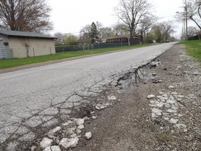 The crumbling state of a road in Ward 6 in Windsor, Ont. is seen in this April 1, 2012 photograph.